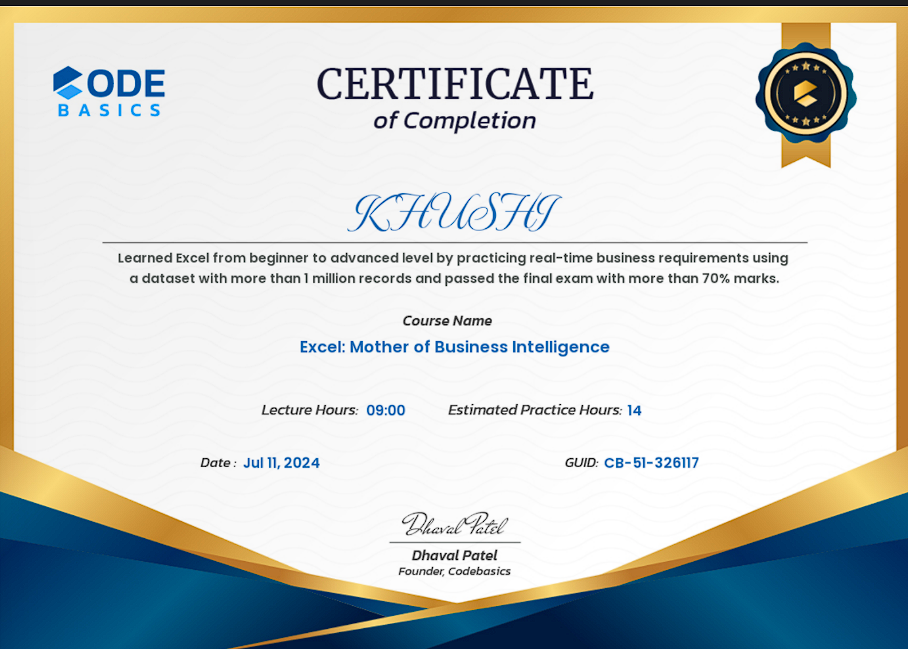 Excel certificate